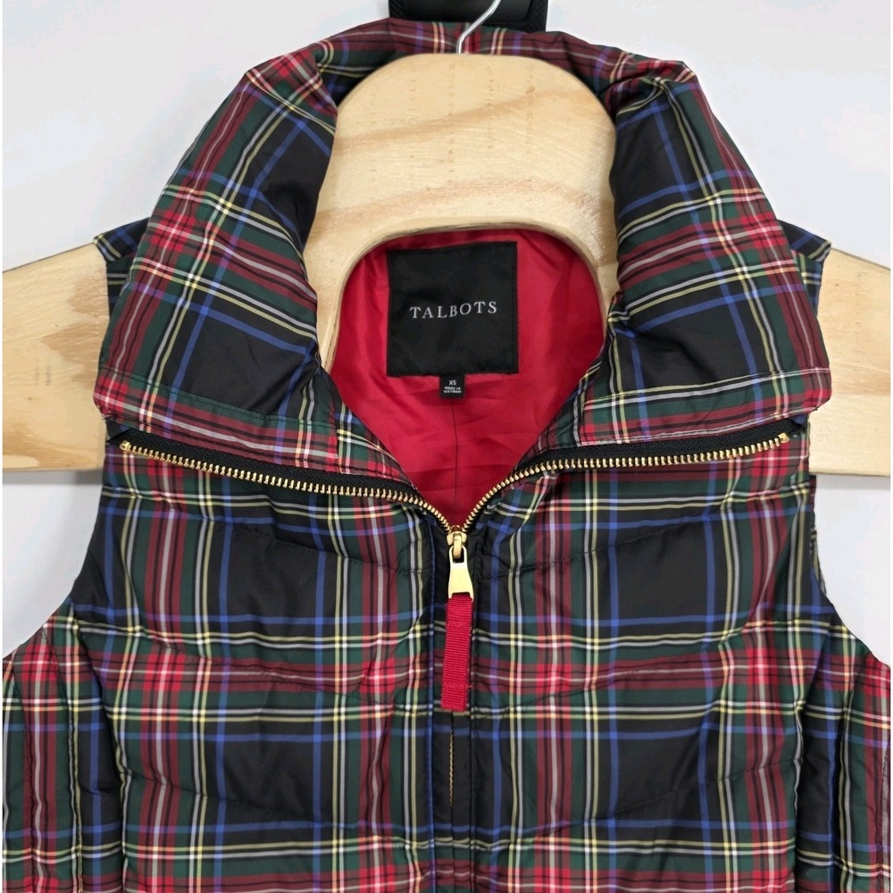 Talbots Down Vest Women's XS Red Navy Forest Plaid Full Zip Festive Holiday New